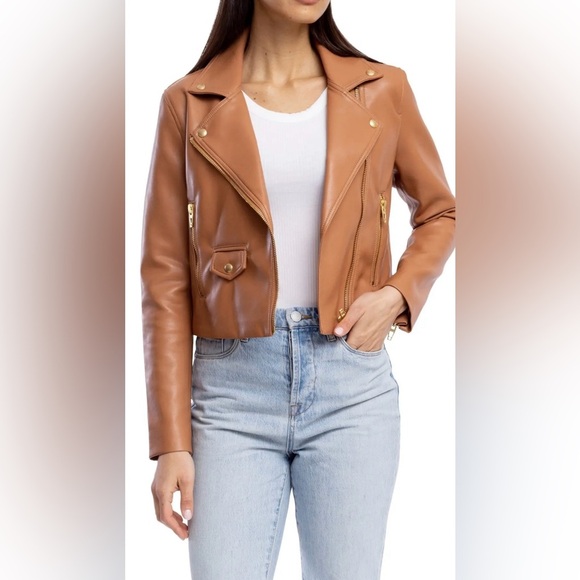 BLANK NYC Moto Jacket Vegan Faux Leather Camel Tan Size Small Thick Skin NWT - Picture 1 of 16